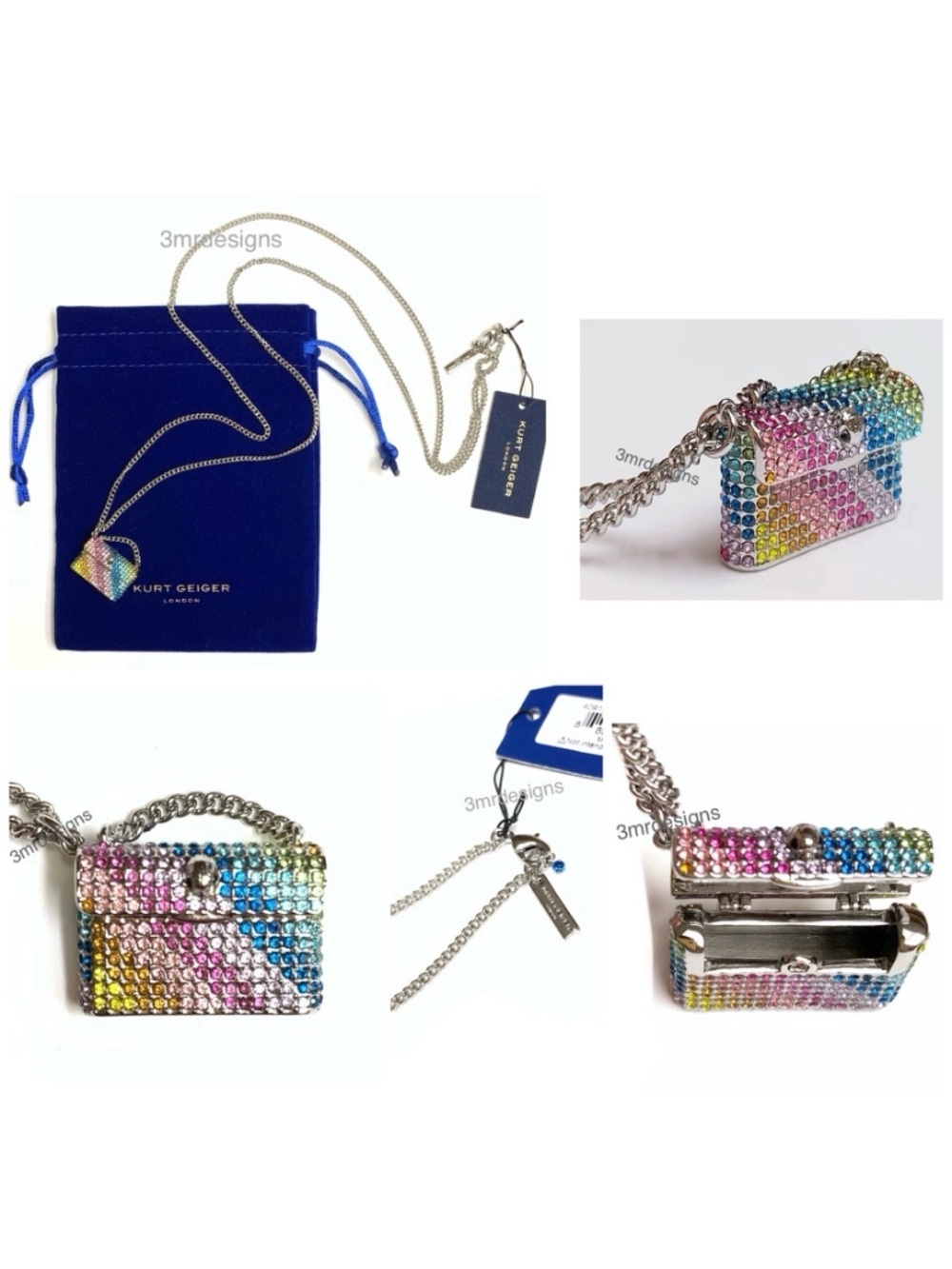 NWT KURT GEIGER Rainbow Crystals Silver Tone Kensington Mini Purse Long Necklace